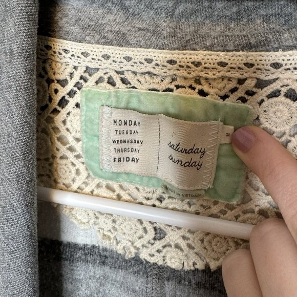 Anthropologie Saturday Sunday Cardigan Medium Gray Grey Fringe Striped - Picture 5 of 7